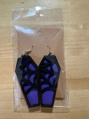 Coffin-Shaped Purple & Black Spiderweb Dangle Earrings